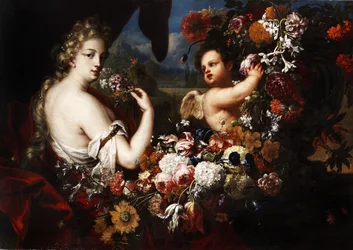 Vénus et Amour dans des guirlandes de fleurs